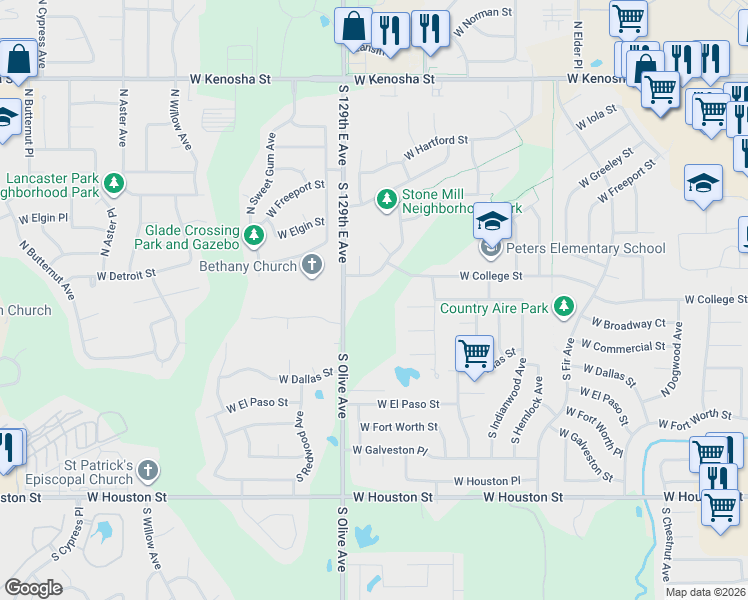 map of restaurants, bars, coffee shops, grocery stores, and more near 101 129th East Avenue in Broken Arrow