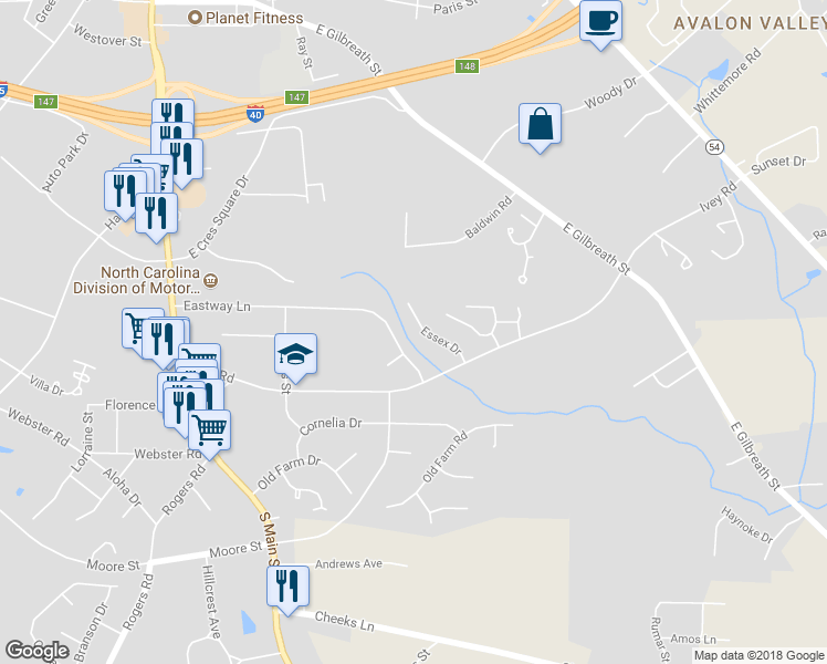 map of restaurants, bars, coffee shops, grocery stores, and more near 905 Essex Drive in Graham
