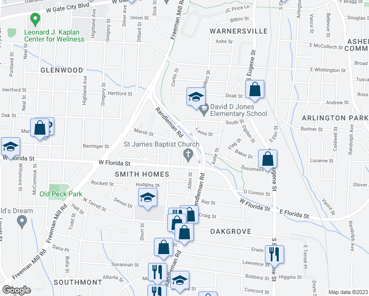 map of restaurants, bars, coffee shops, grocery stores, and more near 610 Marsh Street in Greensboro