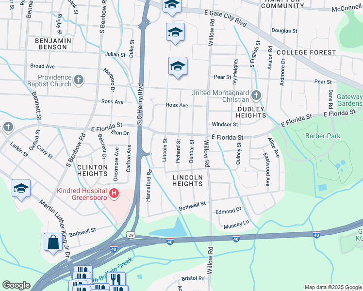 map of restaurants, bars, coffee shops, grocery stores, and more near 1609 Pichard Street in Greensboro