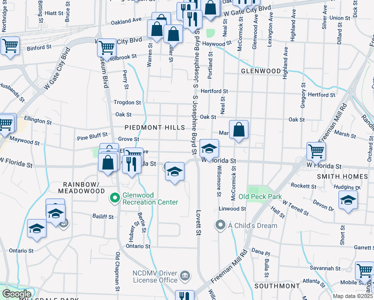map of restaurants, bars, coffee shops, grocery stores, and more near 1506 Elwood Avenue in Greensboro