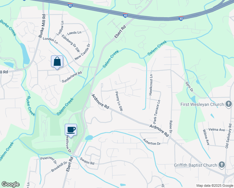 map of restaurants, bars, coffee shops, grocery stores, and more near 1900 Falcon Point Drive Southwest in Winston-Salem