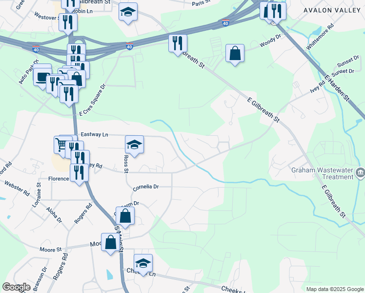 map of restaurants, bars, coffee shops, grocery stores, and more near 905 Essex Drive in Graham
