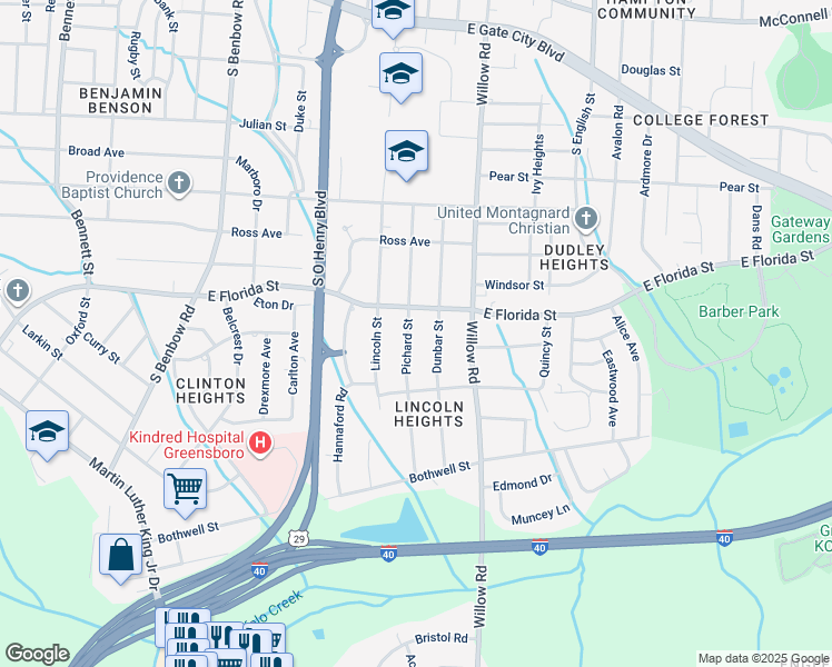 map of restaurants, bars, coffee shops, grocery stores, and more near 1609 Pichard Street in Greensboro