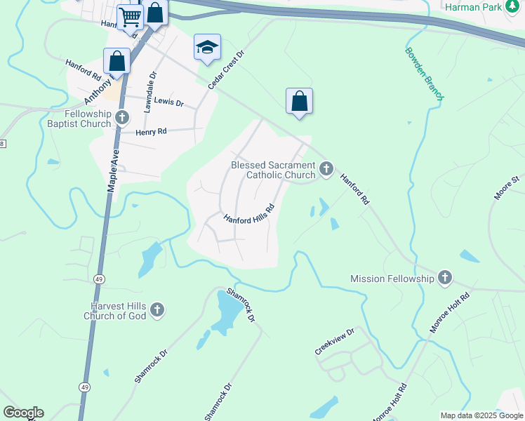 map of restaurants, bars, coffee shops, grocery stores, and more near 1644 Hanford Hills Road in Graham