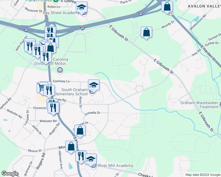 map of restaurants, bars, coffee shops, grocery stores, and more near 402 Eastway Lane in Graham