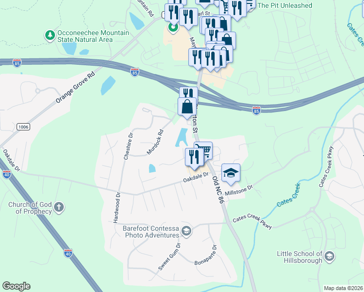 map of restaurants, bars, coffee shops, grocery stores, and more near 600 South Churton Street in Hillsborough