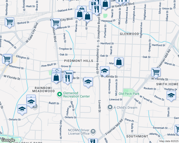 map of restaurants, bars, coffee shops, grocery stores, and more near 1518 Elwood Avenue in Greensboro