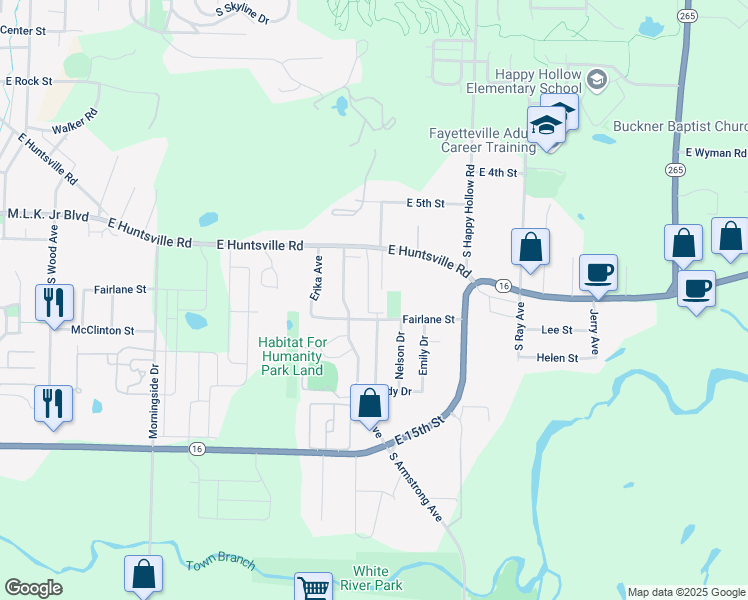 map of restaurants, bars, coffee shops, grocery stores, and more near 896 South Silverado Drive in Fayetteville