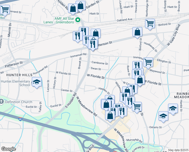 map of restaurants, bars, coffee shops, grocery stores, and more near 2908 West Florida Street in Greensboro