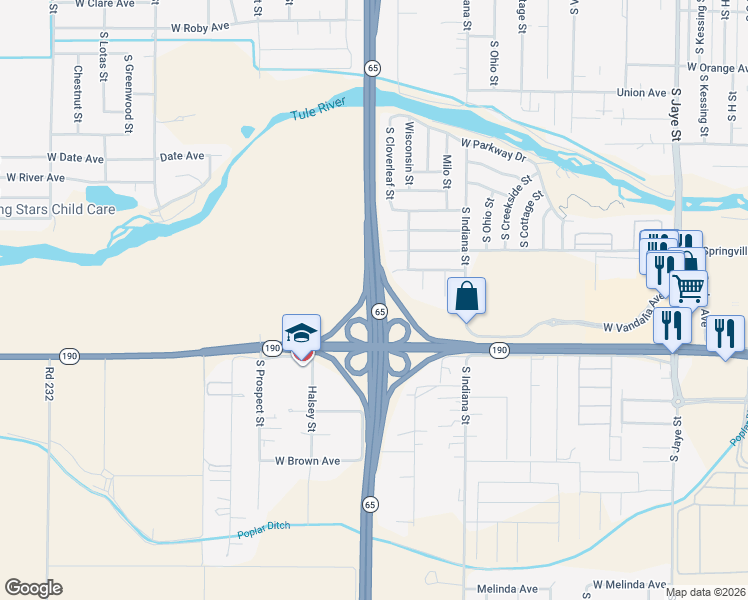 map of restaurants, bars, coffee shops, grocery stores, and more near All America City Highway in Porterville