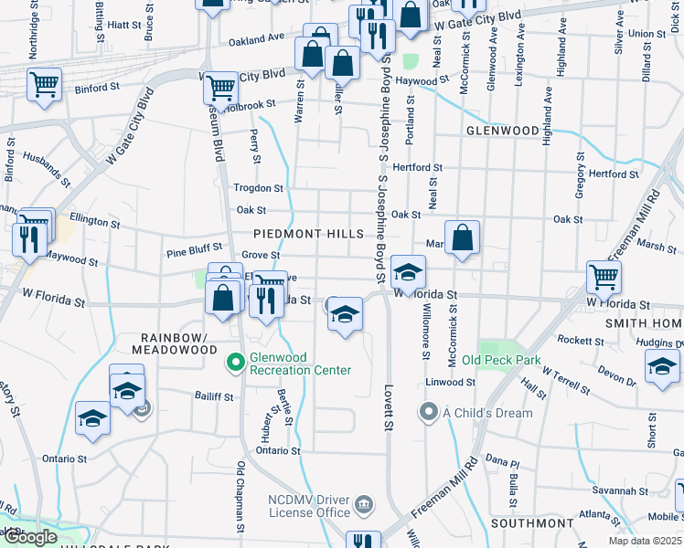 map of restaurants, bars, coffee shops, grocery stores, and more near 1602 Elwood Avenue in Greensboro