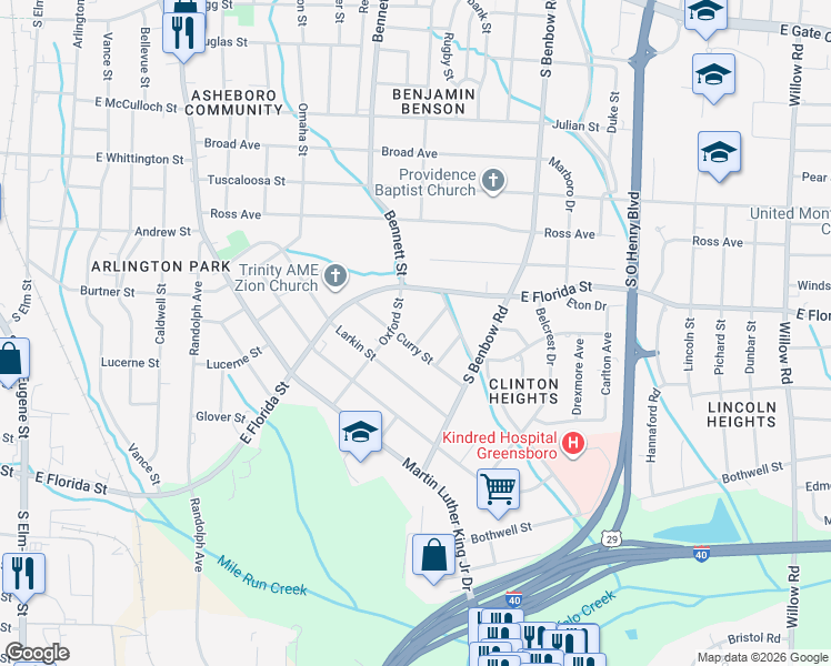 map of restaurants, bars, coffee shops, grocery stores, and more near 803 Bellaire Street in Greensboro