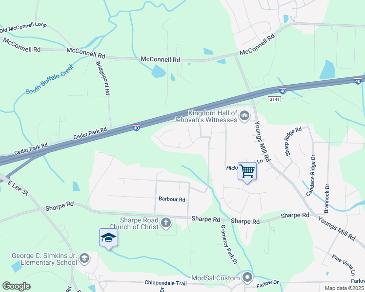 map of restaurants, bars, coffee shops, grocery stores, and more near 3907 Southeast Jack Pine Court in Greensboro