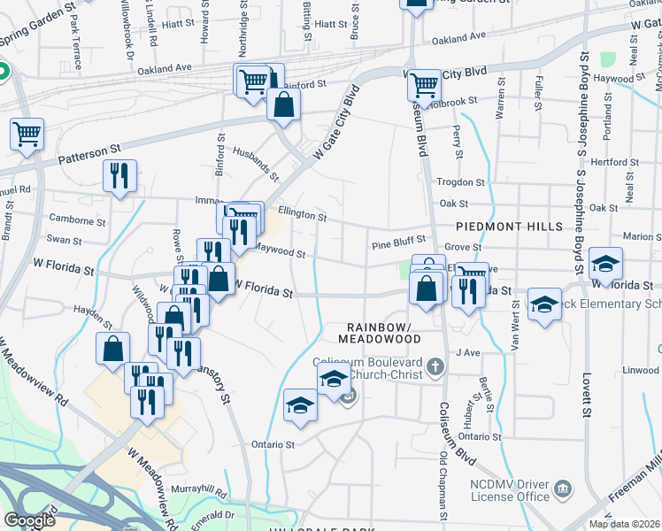 map of restaurants, bars, coffee shops, grocery stores, and more near 2300 Maywood Street in Greensboro