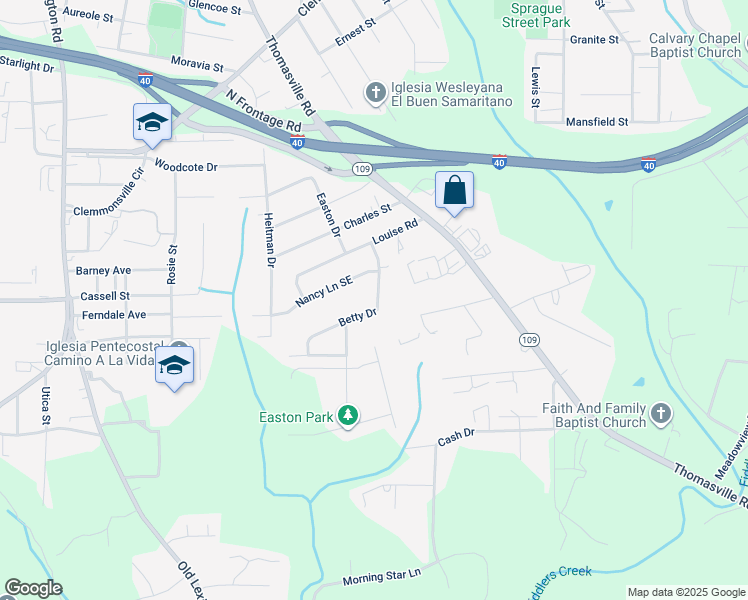 map of restaurants, bars, coffee shops, grocery stores, and more near 1045 Betty Drive in Winston-Salem