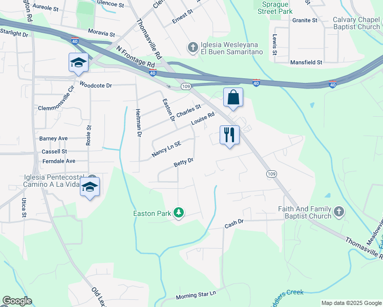map of restaurants, bars, coffee shops, grocery stores, and more near 1045 Betty Drive in Winston-Salem