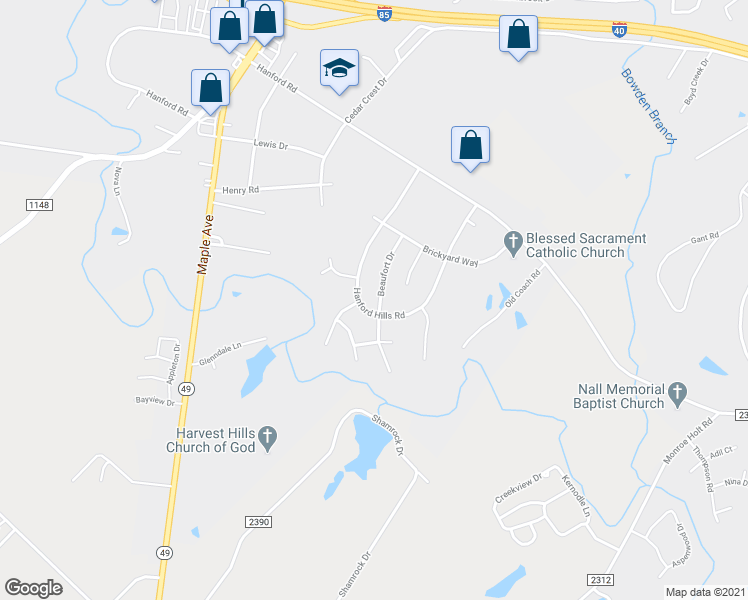 map of restaurants, bars, coffee shops, grocery stores, and more near 1369 Beaufort Drive in Graham
