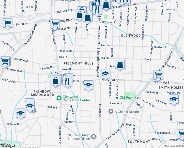 map of restaurants, bars, coffee shops, grocery stores, and more near 1514 Elwood Avenue in Greensboro