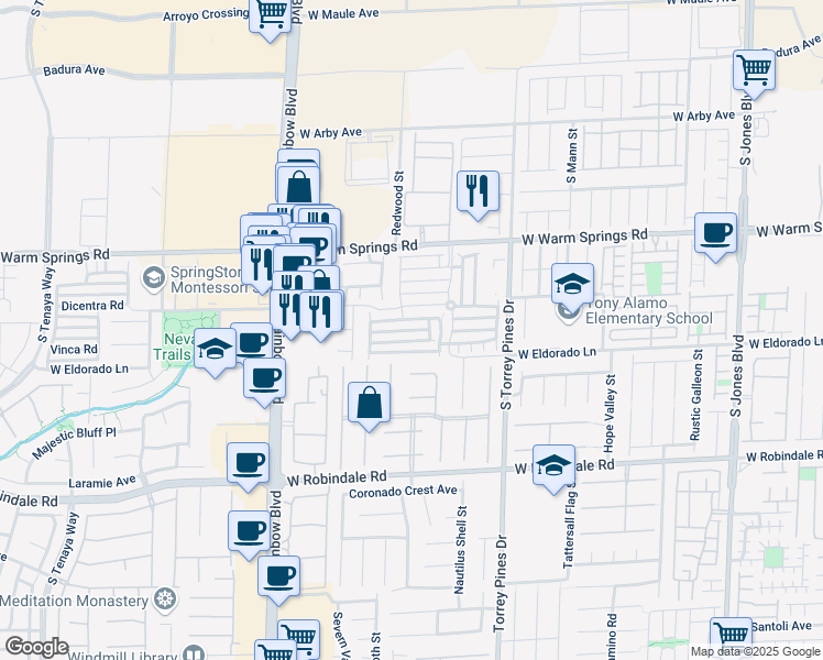 map of restaurants, bars, coffee shops, grocery stores, and more near 6671 West Churnet Valley Avenue in Las Vegas