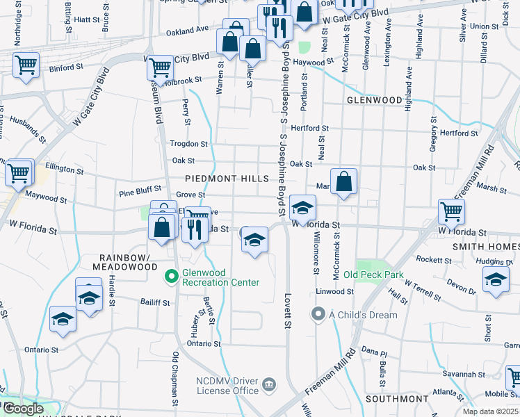 map of restaurants, bars, coffee shops, grocery stores, and more near 1508 Grove Street in Greensboro