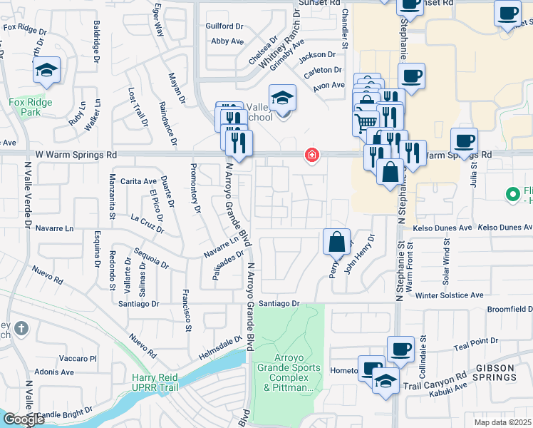 map of restaurants, bars, coffee shops, grocery stores, and more near 1575 West Warm Springs Road in Henderson