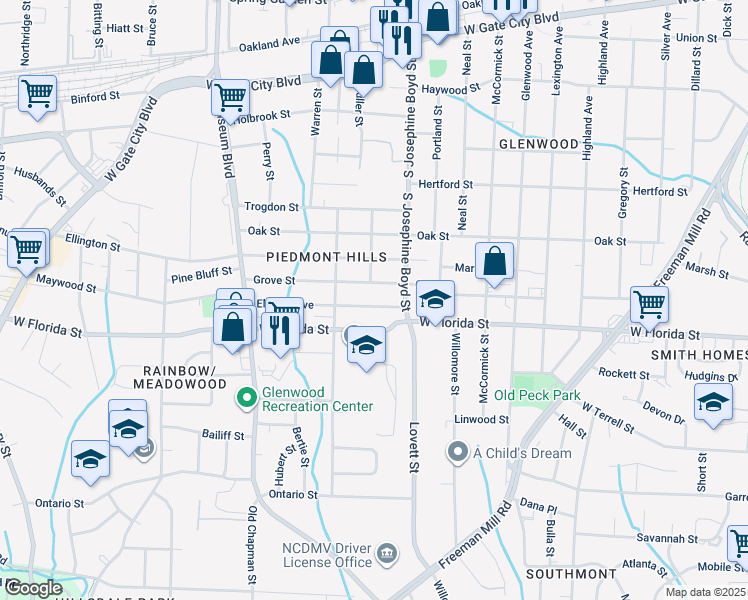 map of restaurants, bars, coffee shops, grocery stores, and more near 1518 Elwood Avenue in Greensboro