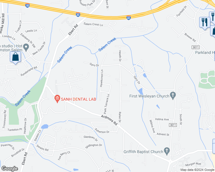 map of restaurants, bars, coffee shops, grocery stores, and more near 1619 Park Terrace Lane in Winston-Salem