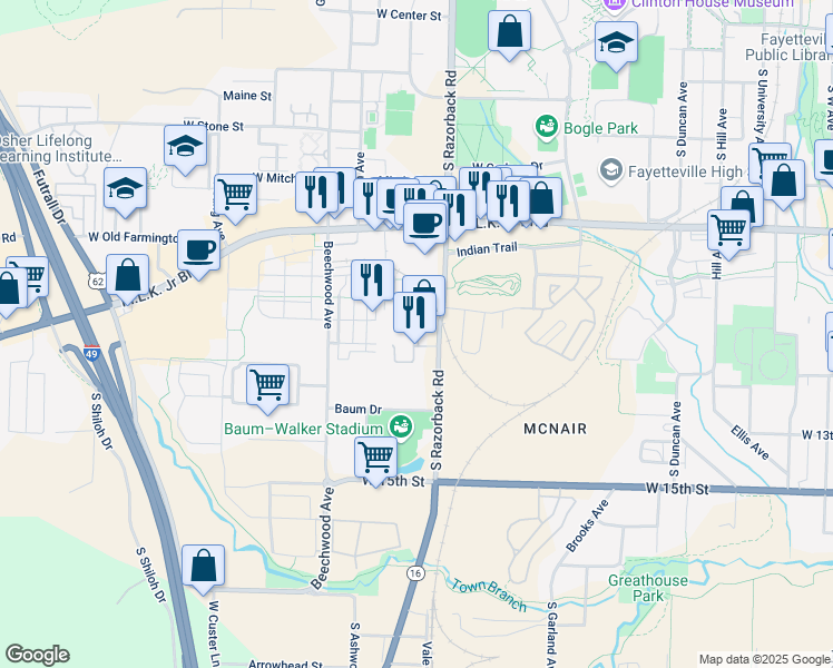 map of restaurants, bars, coffee shops, grocery stores, and more near South Sports Fan Drive in Fayetteville