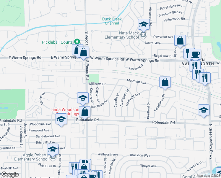 map of restaurants, bars, coffee shops, grocery stores, and more near 2442 Millcroft Drive in Henderson
