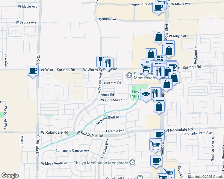 map of restaurants, bars, coffee shops, grocery stores, and more near 7303 Dicentra Road in Las Vegas