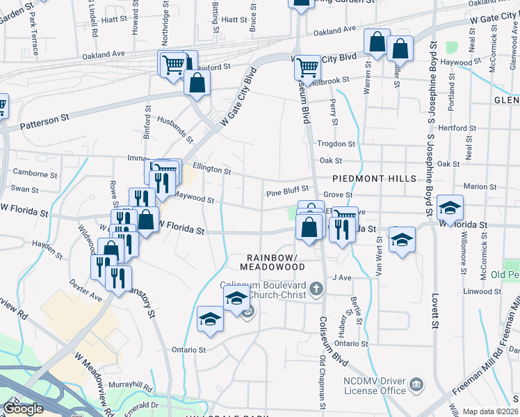 map of restaurants, bars, coffee shops, grocery stores, and more near 2029 Pine Bluff Street in Greensboro