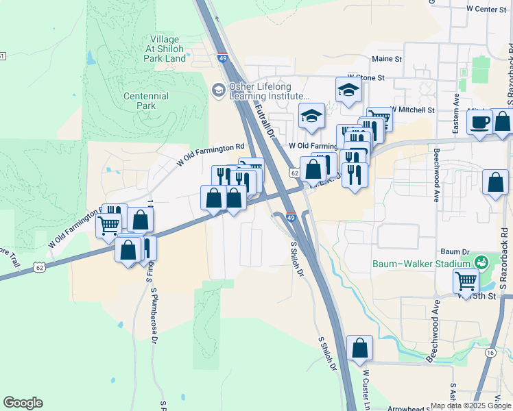 map of restaurants, bars, coffee shops, grocery stores, and more near 2612 W 6th St in Fayetteville