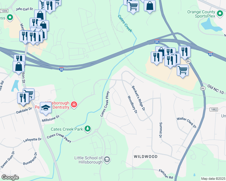 map of restaurants, bars, coffee shops, grocery stores, and more near 300 Botan Way in Hillsborough