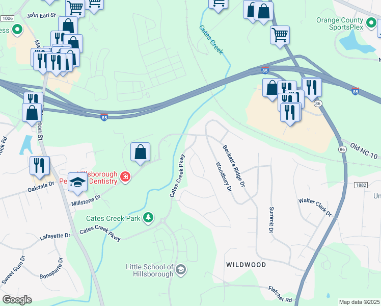 map of restaurants, bars, coffee shops, grocery stores, and more near 300 Botan Way in Hillsborough