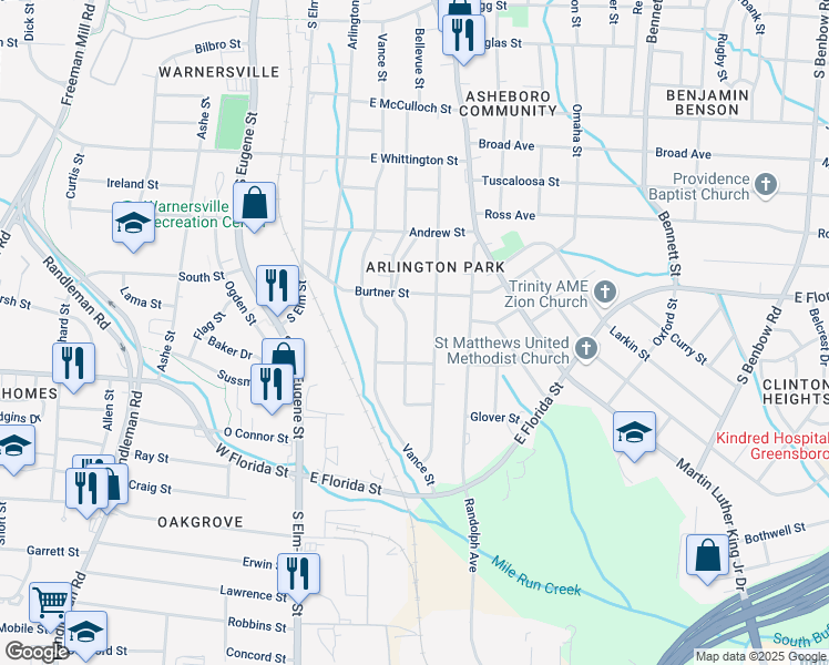 map of restaurants, bars, coffee shops, grocery stores, and more near 320 Harrington Street in Greensboro