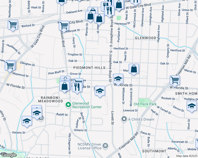 map of restaurants, bars, coffee shops, grocery stores, and more near 1602 Elwood Avenue in Greensboro