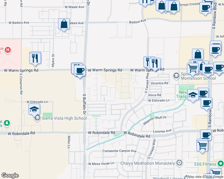 map of restaurants, bars, coffee shops, grocery stores, and more near 7428 Poppy Hills Court in Las Vegas
