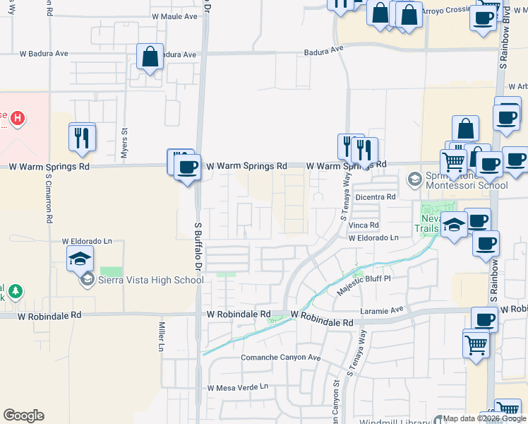 map of restaurants, bars, coffee shops, grocery stores, and more near 7428 Poppy Hills Court in Las Vegas