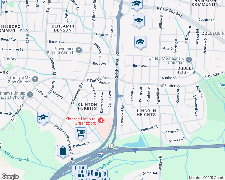 map of restaurants, bars, coffee shops, grocery stores, and more near 1801 Carlton Avenue in Greensboro