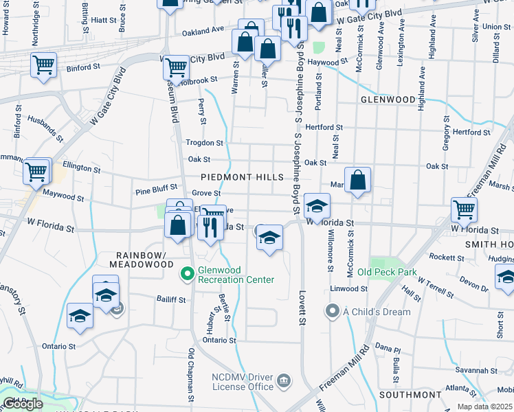 map of restaurants, bars, coffee shops, grocery stores, and more near 1612 Elwood Avenue in Greensboro
