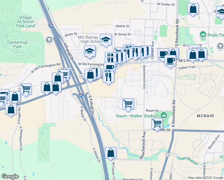 map of restaurants, bars, coffee shops, grocery stores, and more near 909 South Hollywood Avenue in Fayetteville