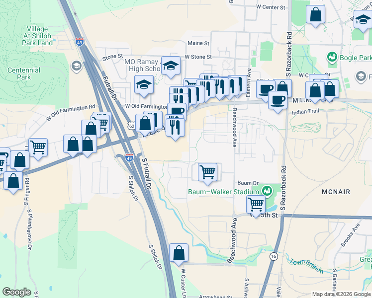 map of restaurants, bars, coffee shops, grocery stores, and more near 909 South Hollywood Avenue in Fayetteville