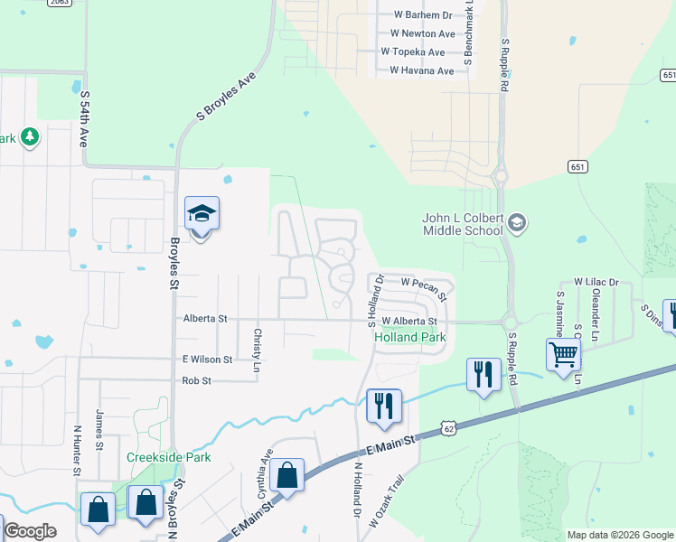 map of restaurants, bars, coffee shops, grocery stores, and more near 5061 Colfax Loop in Fayetteville