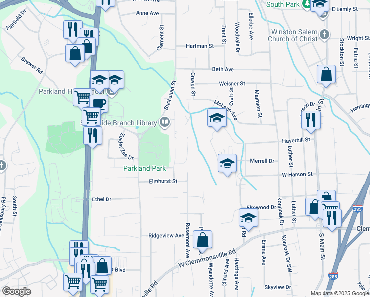 map of restaurants, bars, coffee shops, grocery stores, and more near 3185 Fleet Street in Winston-Salem