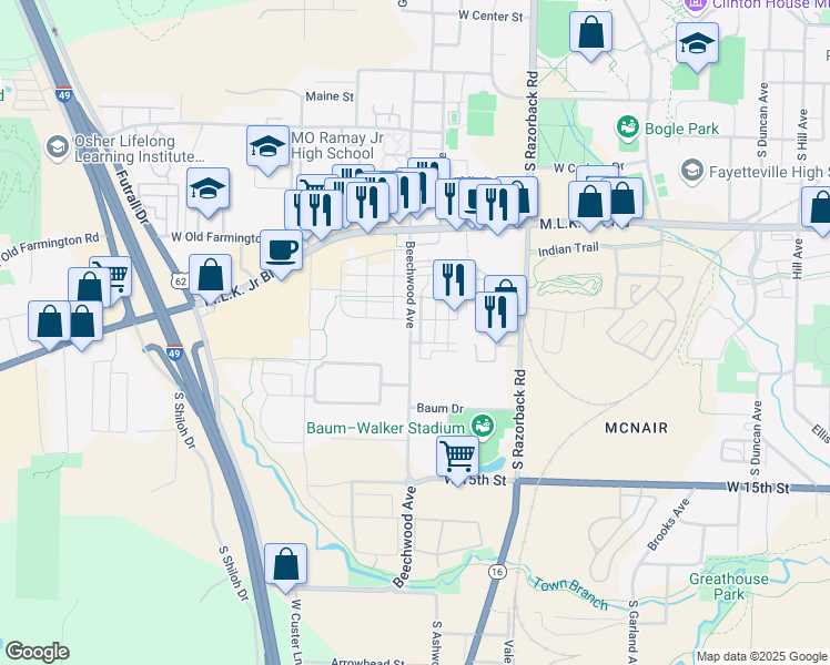 map of restaurants, bars, coffee shops, grocery stores, and more near 1002 Beechwood Avenue in Fayetteville