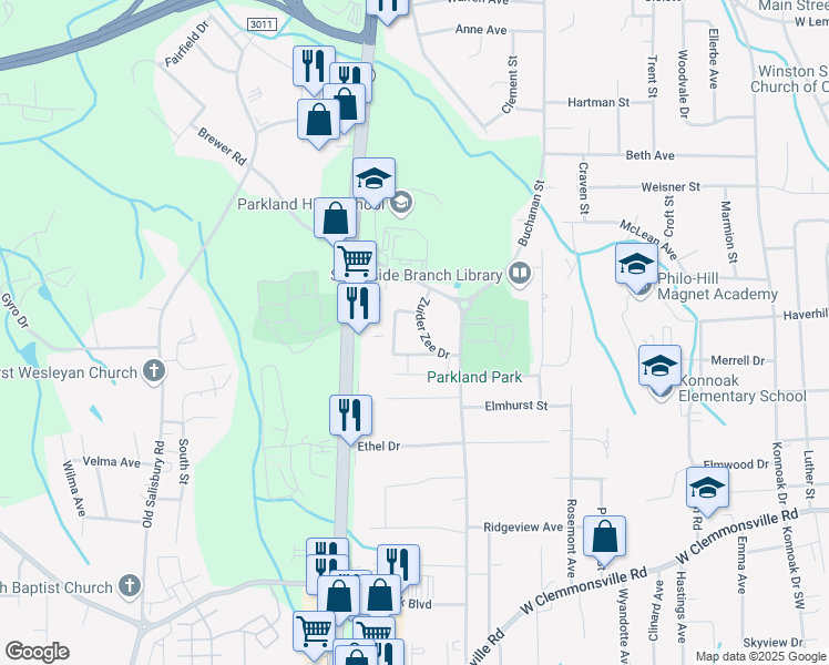 map of restaurants, bars, coffee shops, grocery stores, and more near 1500 Zuider Zee Drive in Winston-Salem