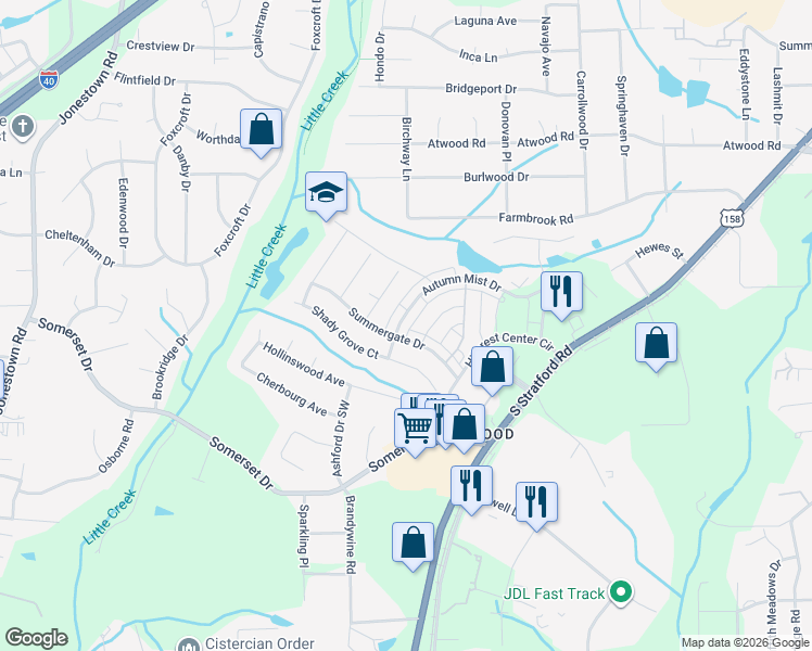 map of restaurants, bars, coffee shops, grocery stores, and more near 2456 Autumn Mist Drive in Winston-Salem