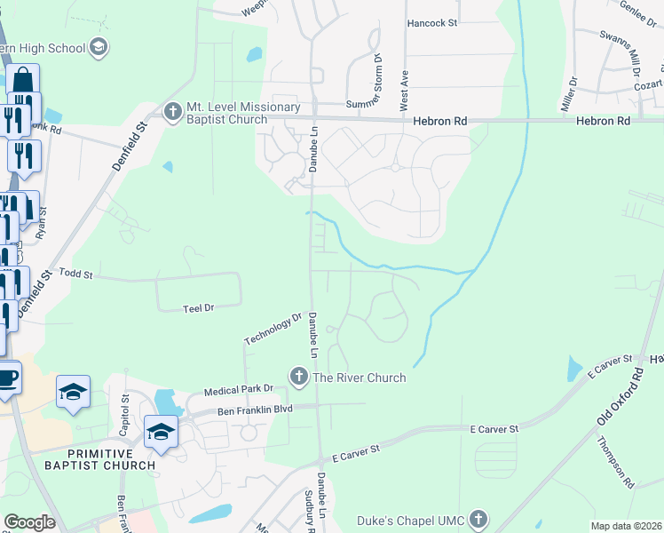 map of restaurants, bars, coffee shops, grocery stores, and more near 601 Fanning Way in Durham