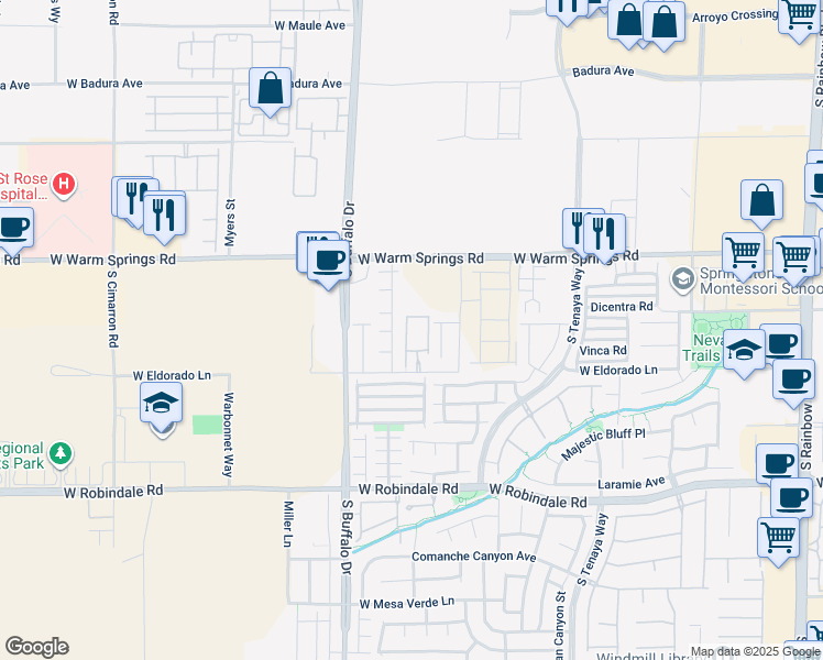 map of restaurants, bars, coffee shops, grocery stores, and more near 7660 West Eldorado Lane in Las Vegas
